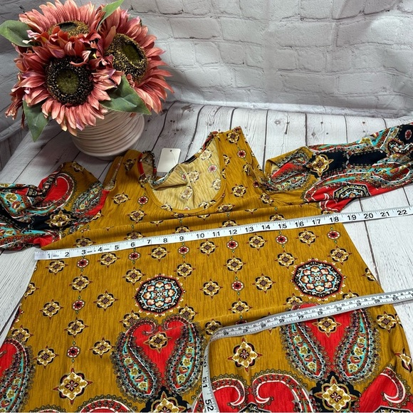 NWT Boutique Mustard paisley cold shoulder flow top western boho bell sleeve - Picture 10 of 10